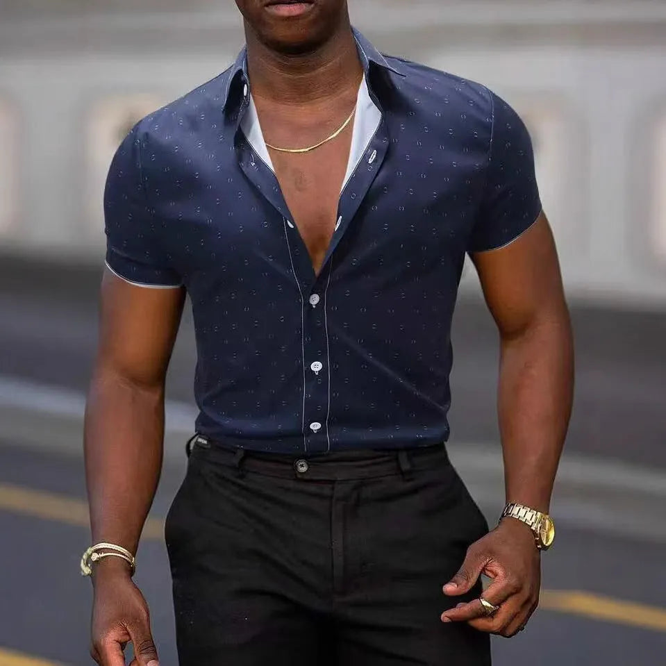 Light blue men's short-sleeved shirt with floral print, featuring a cardigan style and short sleeves.