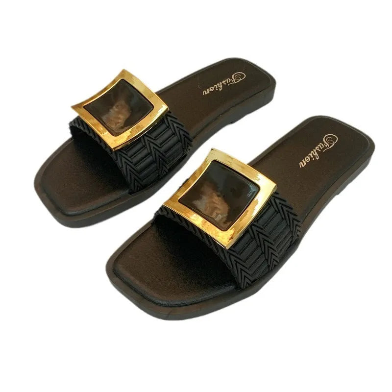 Women's summer casual flat slippers with PVC sole in apricot, black, or khaki colour options