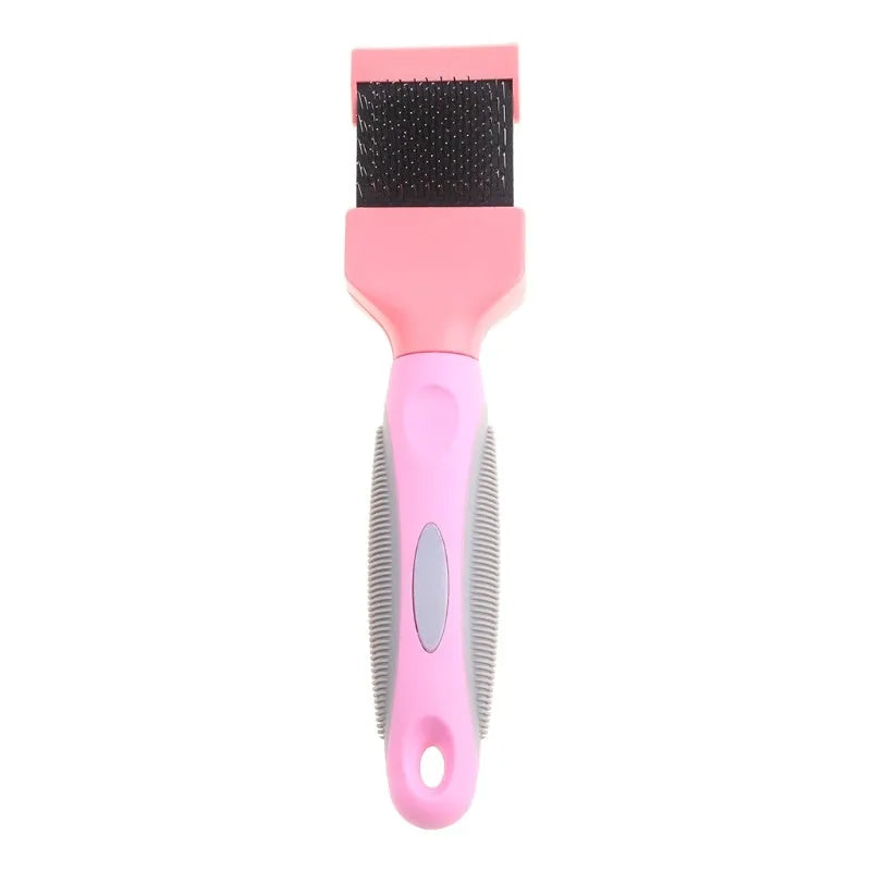 Double-sided pet brush with stainless steel pins and blue ergonomic handle for dog and cat grooming