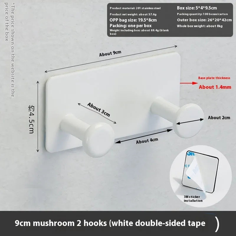 Screwless iron wall hook with mushroom design in three sizes for shower doors, with black and white tape options.