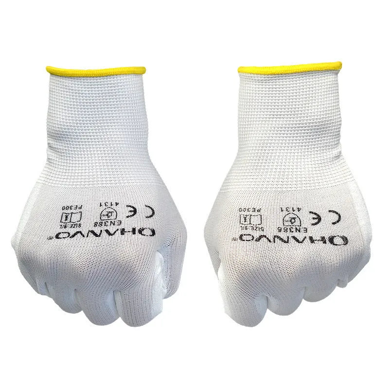 White PU coated work gloves showing textured grip, with size tags for L and M.