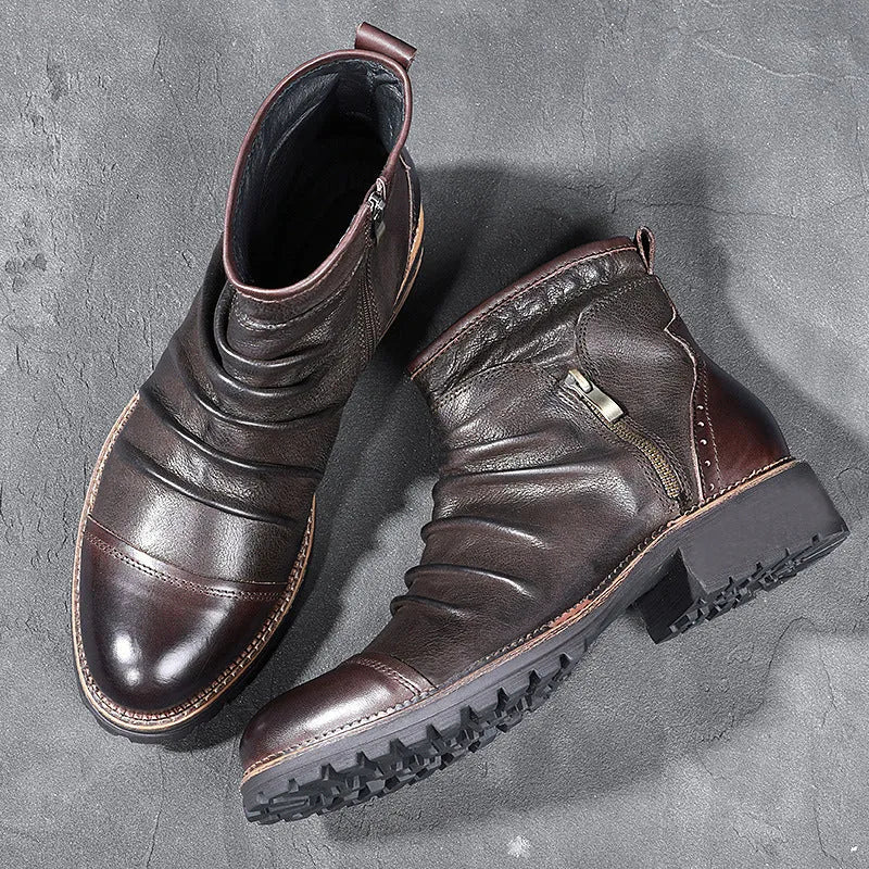 Black high-top cowboy-style Martin boots with a side zipper and a distinctive horseshoe-shaped heel