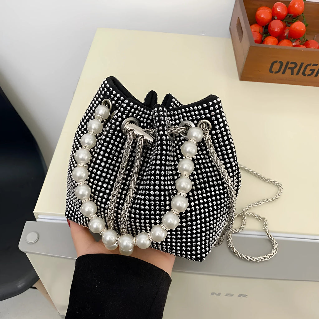 Light diamond western style chain crossbody shoulder bag in soft PU bucket design