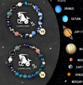 Two natural stone beaded bracelets displaying zodiac symbols on a textured background.
