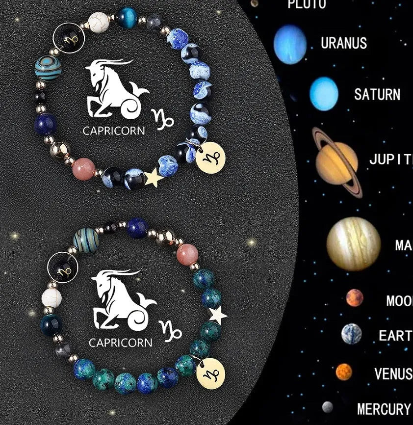 Two natural stone beaded bracelets displaying zodiac symbols on a textured background.