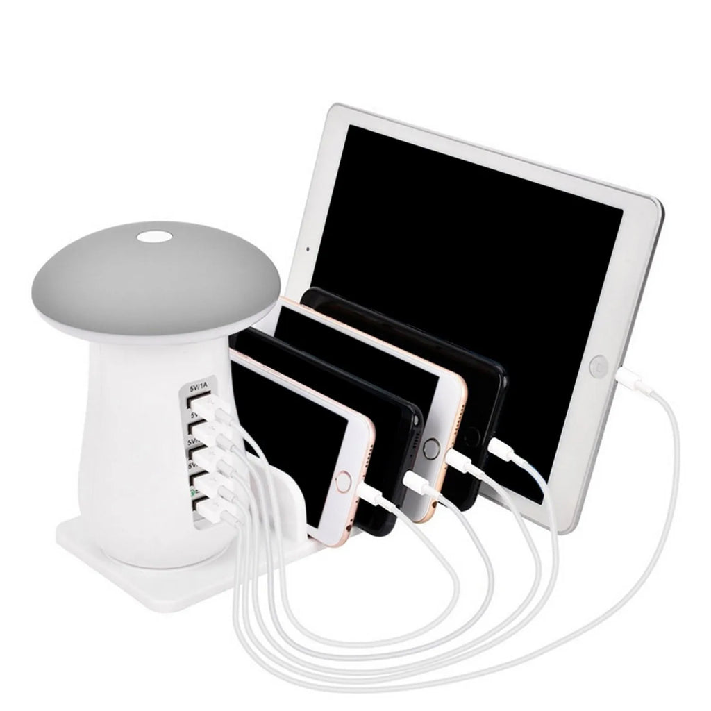 Mushroom-shaped white LED desk lamp with 5 USB charging ports for phones and tablets