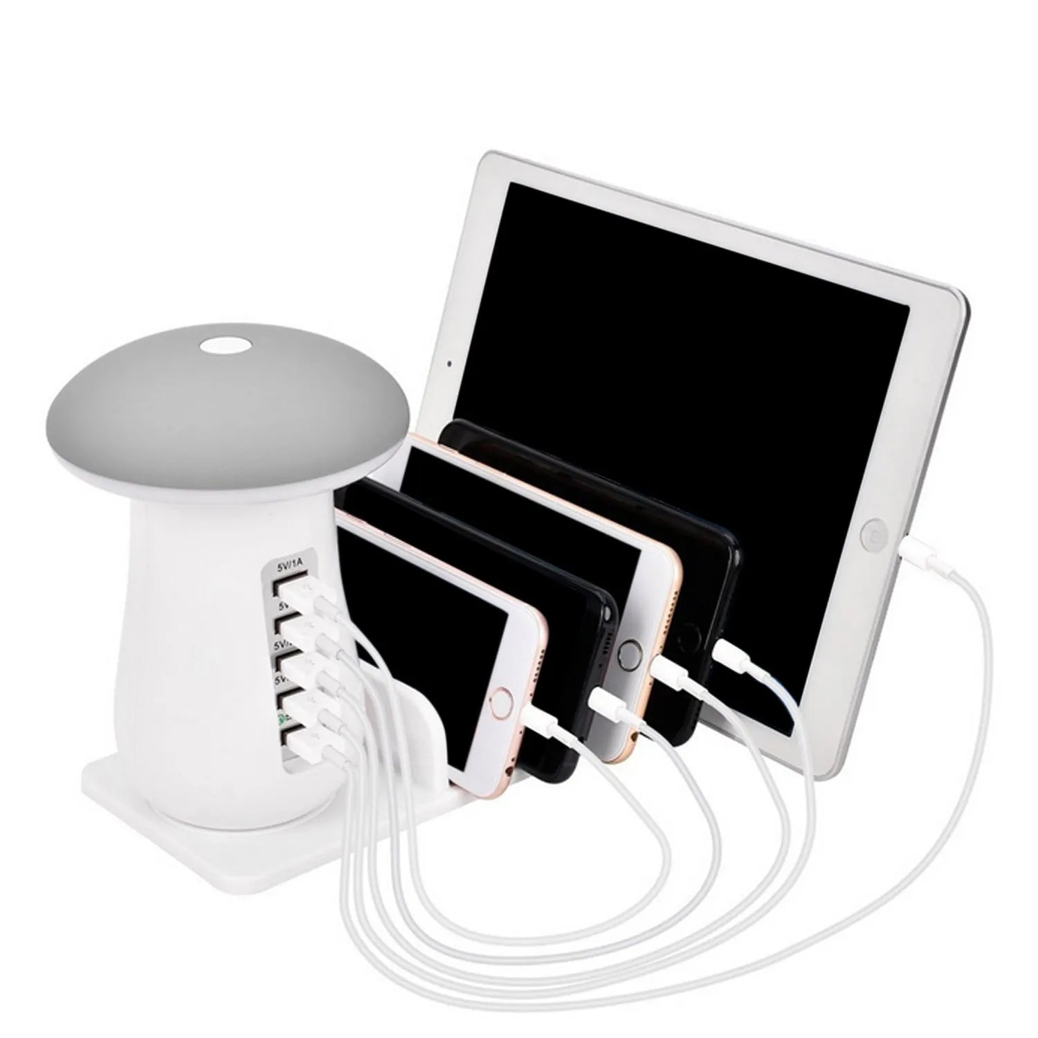 Mushroom-shaped white LED desk lamp with 5 USB charging ports for phones and tablets