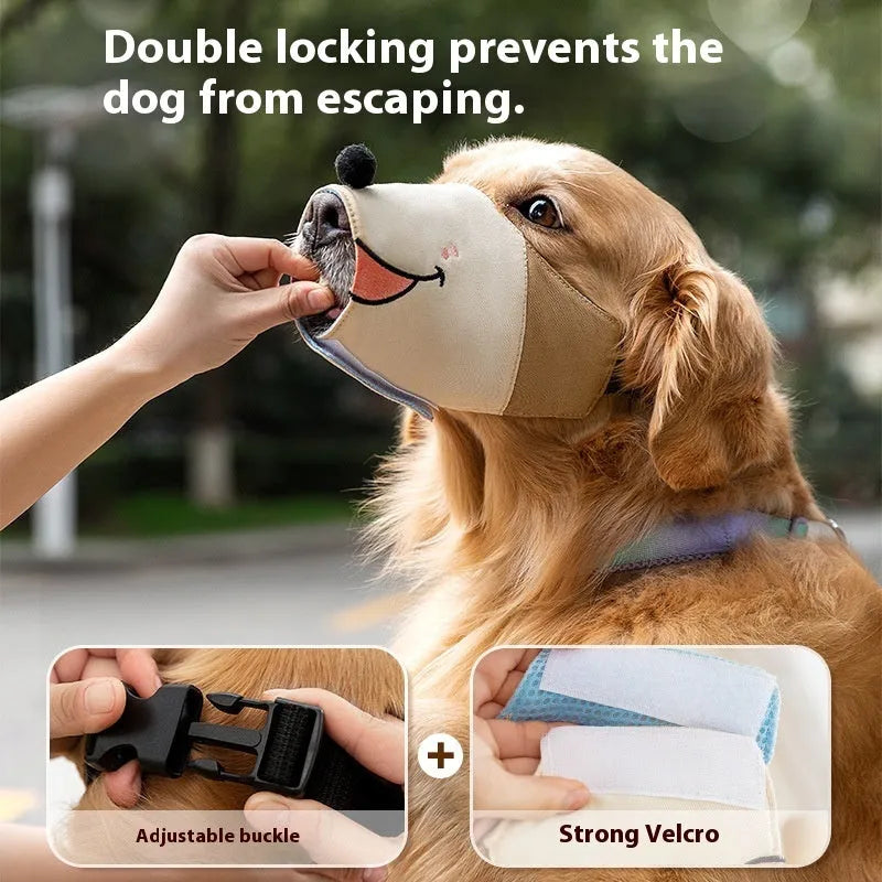 Canvas basket-style dog muzzle in Ollie Brown Bear colour shown on a medium-sized dog.