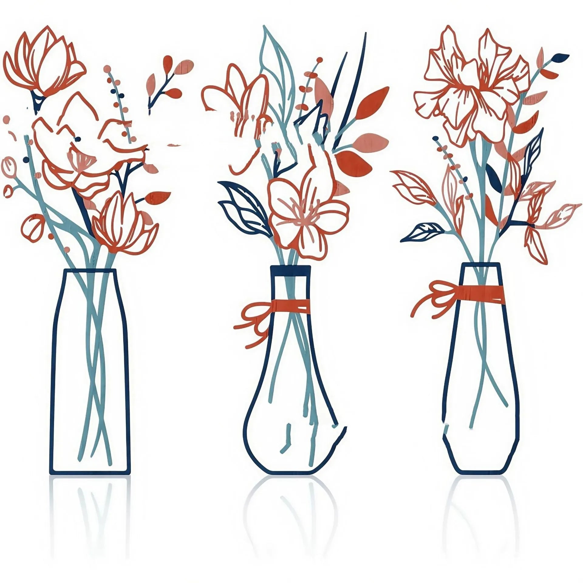 Three metal flowers wall art pieces with vase designs in farmhouse style