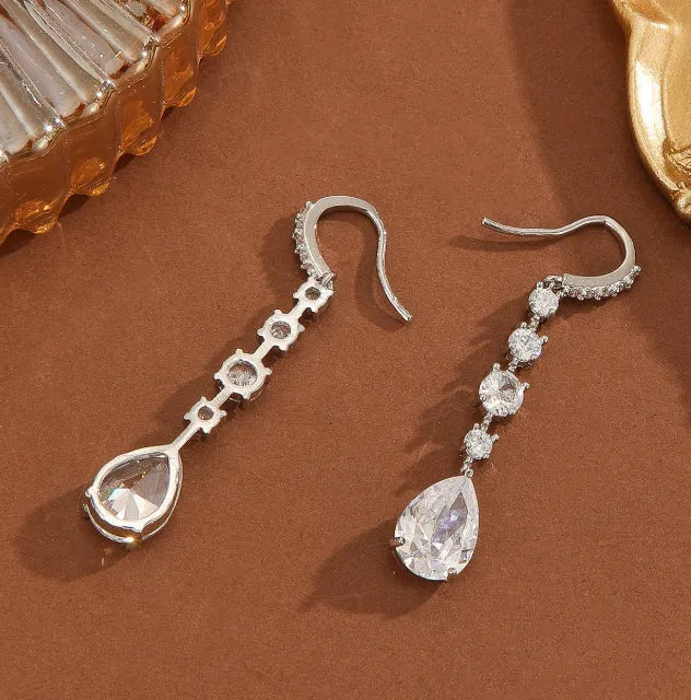 Women's copper electroplated teardrop drop high-carbon earrings in silver white zircon finish
