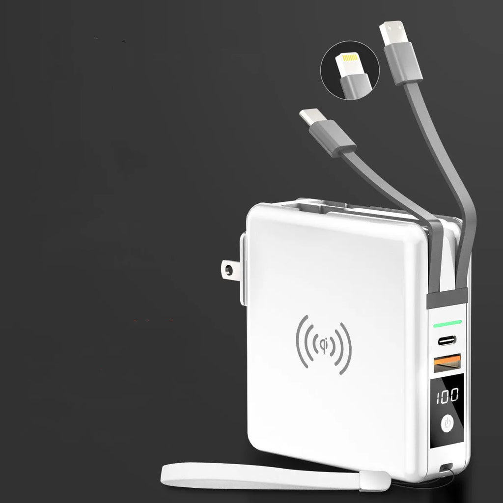 PD20W fast power bank with wireless charging and built-in plug in black or white colours