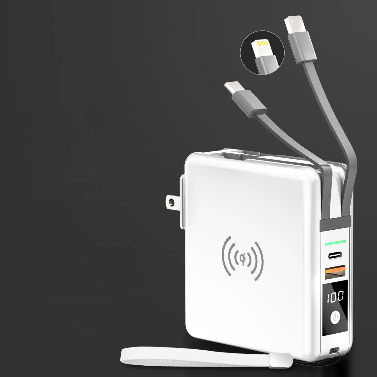 PD20W fast power bank with wireless charging and built-in plug in black or white colours