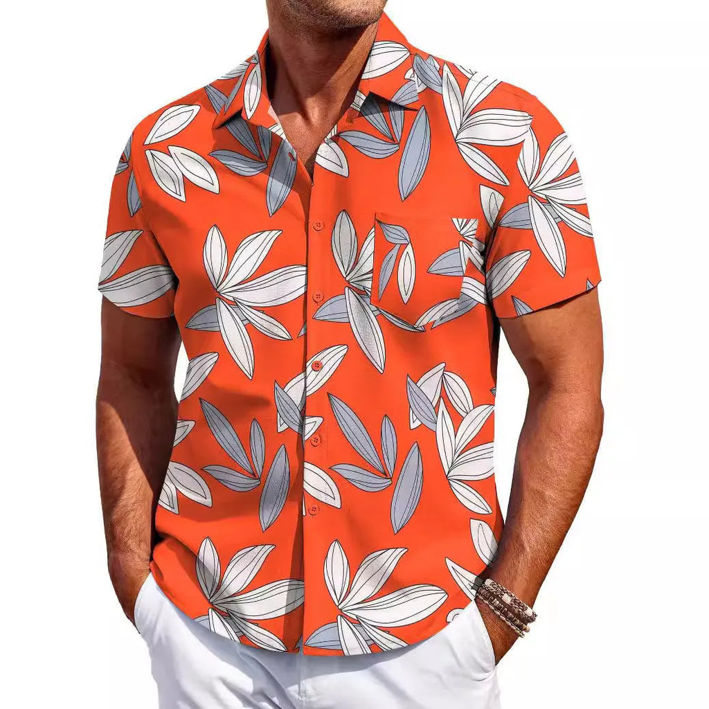 Men's slim fit Hawaiian-inspired cardigan shirt in elastic polyester fabric