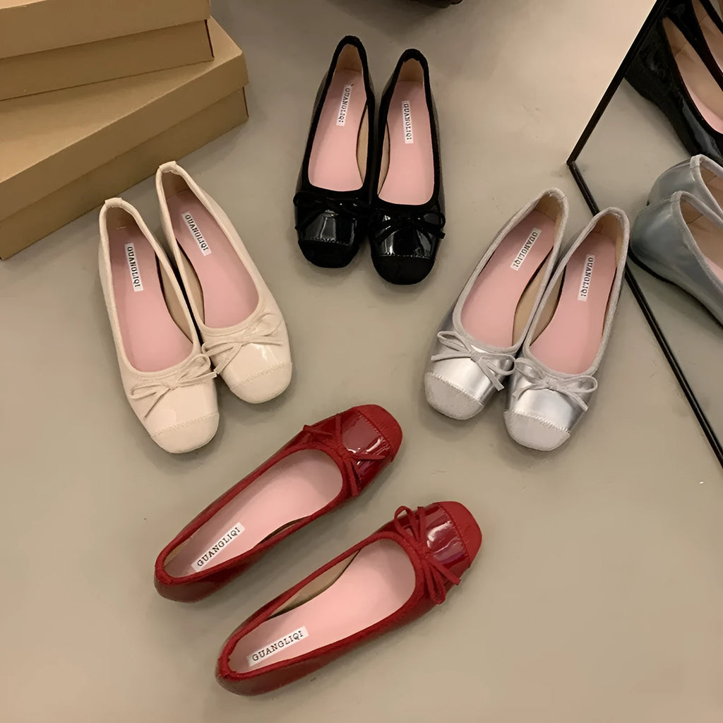 Retro ballet flat shoes in wine red with bow detail and square toe