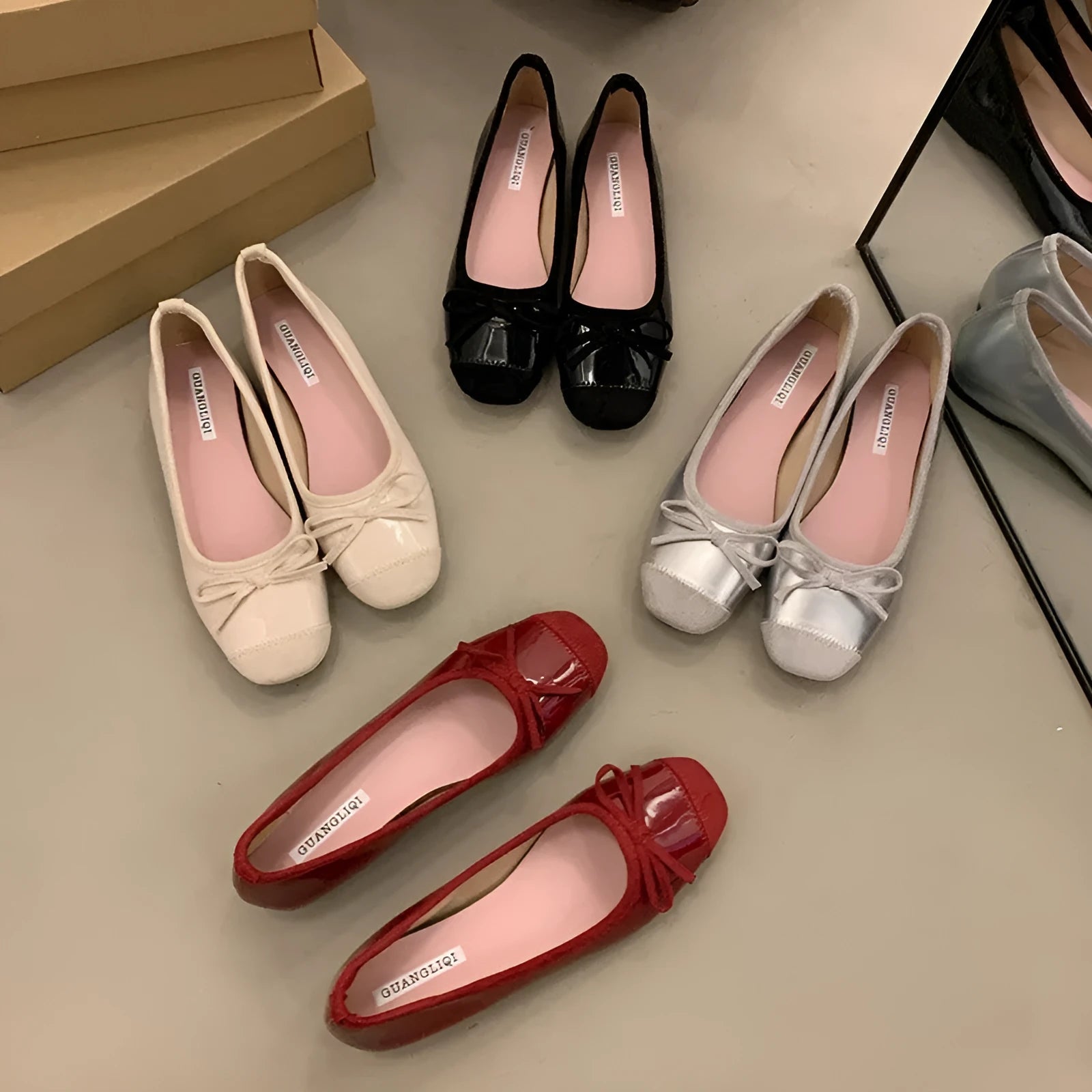 Retro ballet flat shoes in wine red with bow detail and square toe