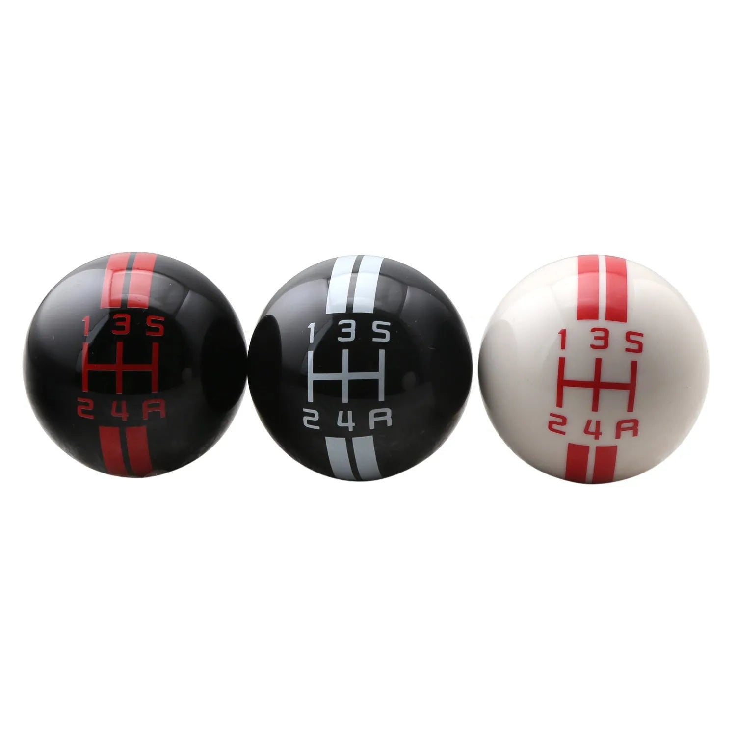Black acrylic car gear head with five-speed wild horse graphic, shown with three screw accessories for installation.