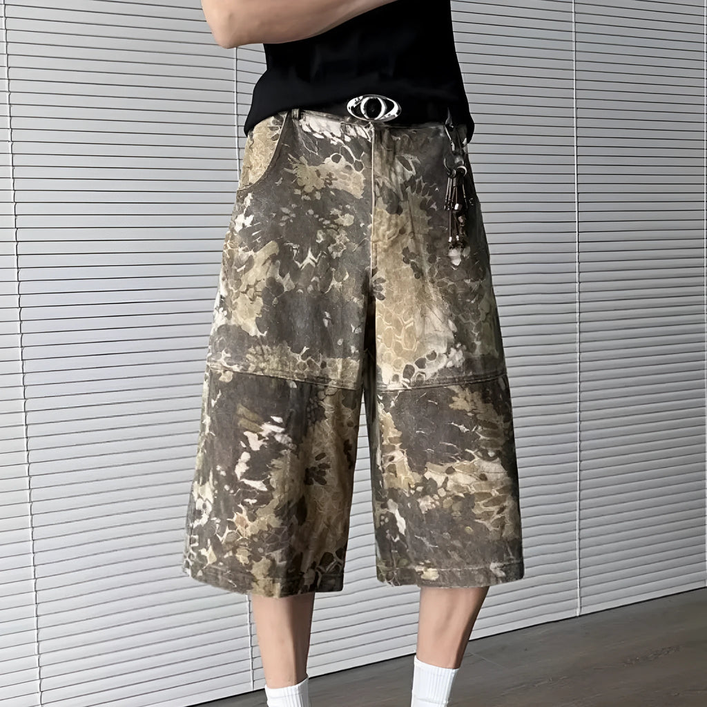 Yellow snake pattern camouflage cotton denim jeans with cropped length and distressed detailing