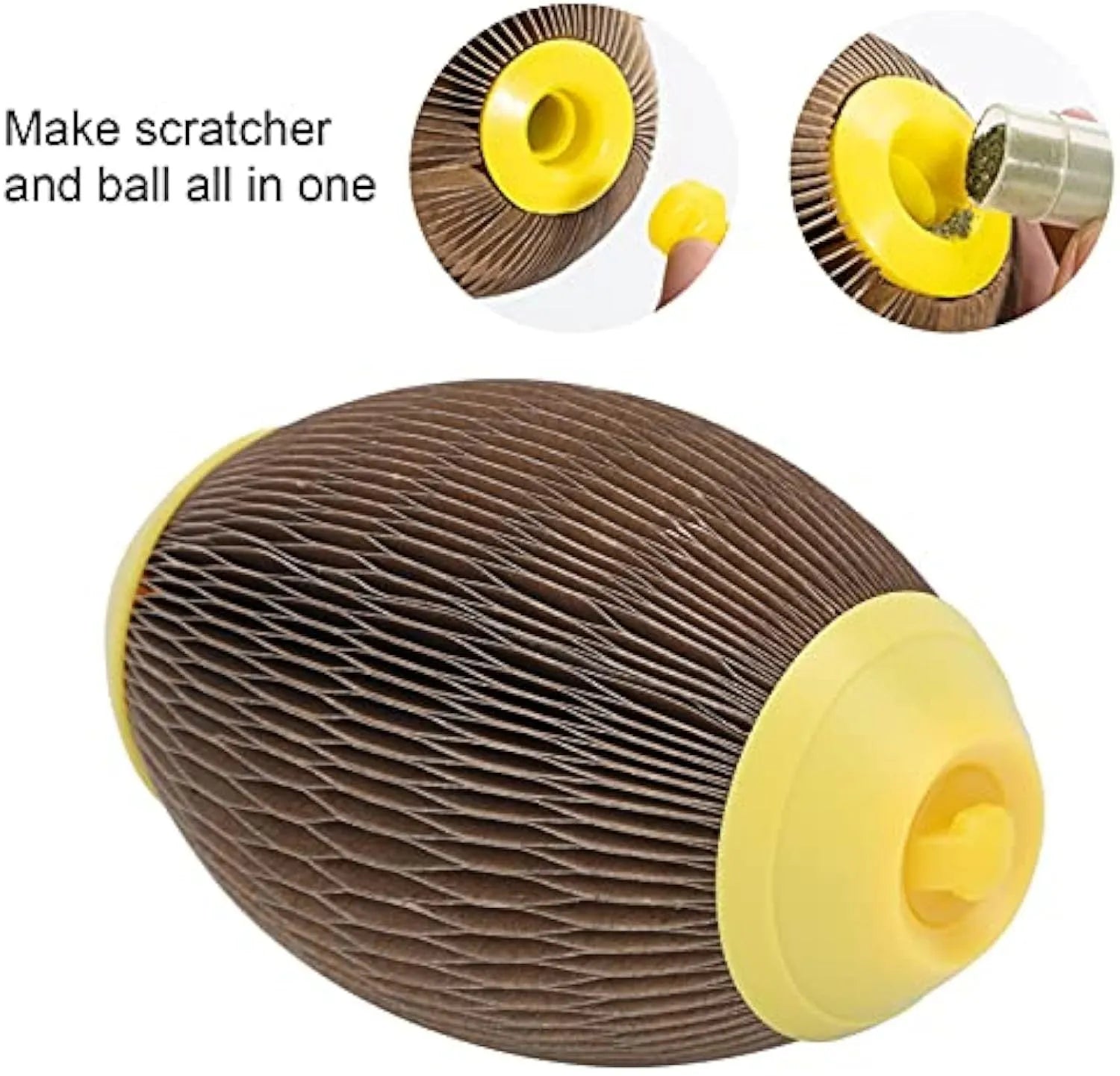 Ellipse-shaped catnip ball toy made from recycled corrugated paper with scratch surface