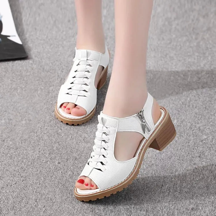 Retro style women's sandals with a side zipper and a middle heel on a beef tendon sole.