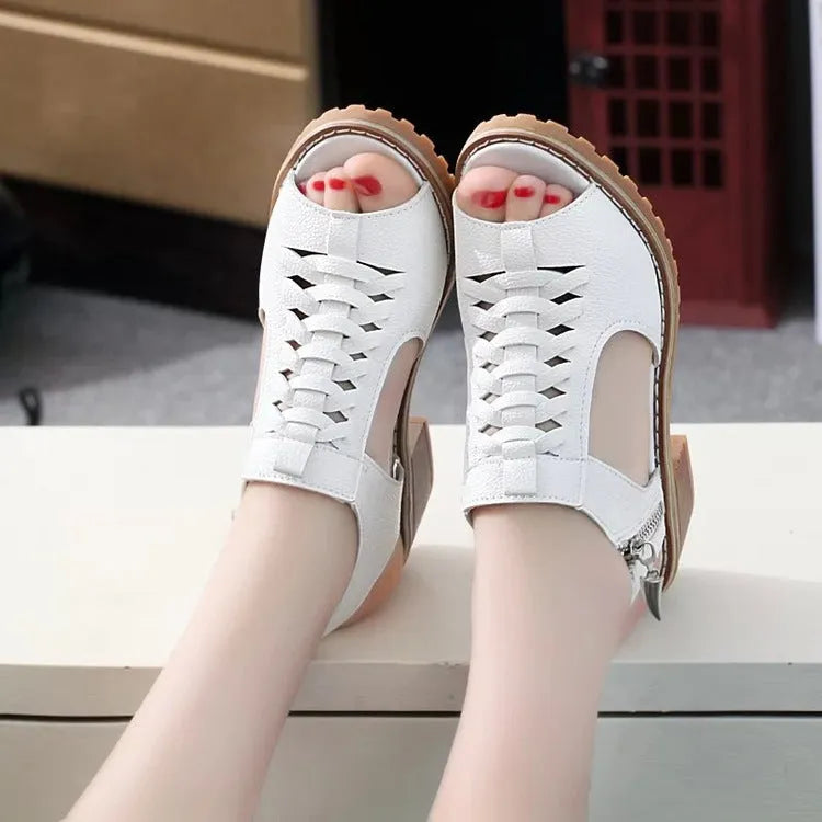 Retro style women's sandals with a side zipper and a middle heel on a beef tendon sole.
