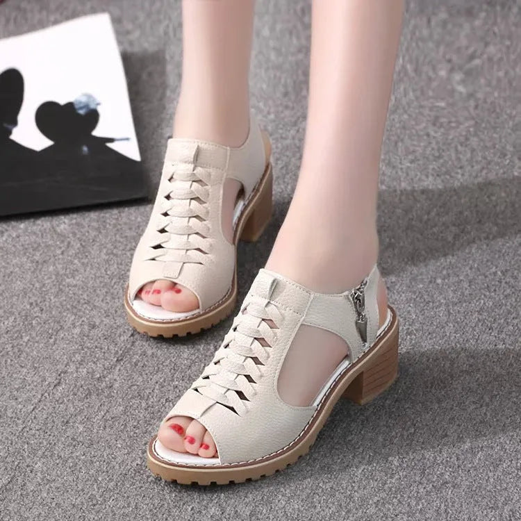 Retro style women's sandals with a side zipper and a middle heel on a beef tendon sole.