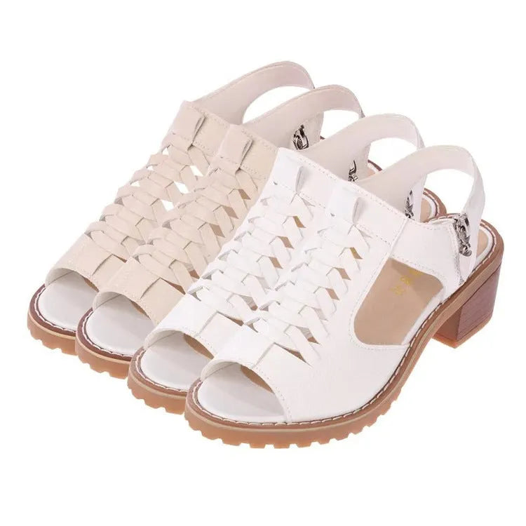 Retro style women's sandals with a side zipper and a middle heel on a beef tendon sole.