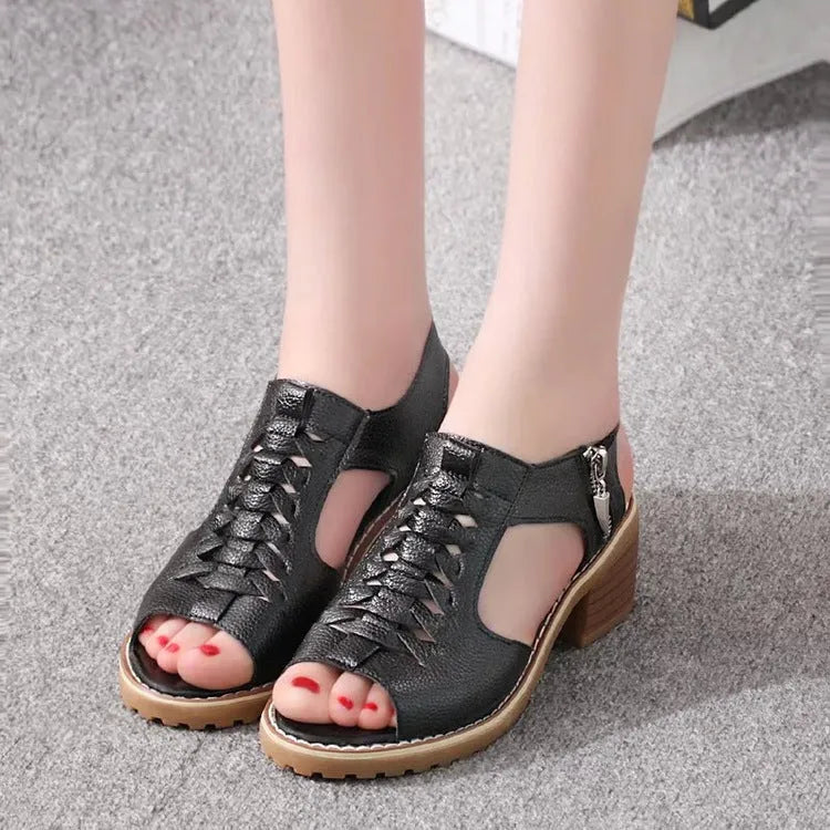 Retro style women's sandals with a side zipper and a middle heel on a beef tendon sole.