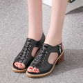 Retro style women's sandals with a side zipper and a middle heel on a beef tendon sole.