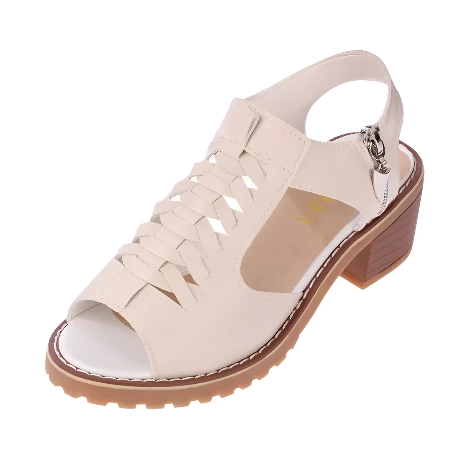 Retro style women's sandals with a side zipper and a middle heel on a beef tendon sole.