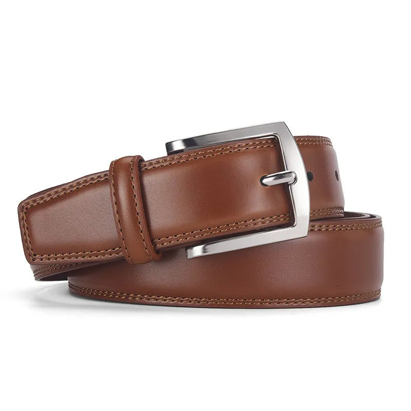 Men's black leather belt with silver alloy pin buckle showing two-layer cowhide construction