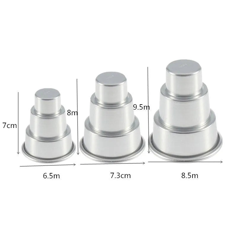 Silver aluminium three-layer cake mould set with large, medium and small moulds for fondant cakes