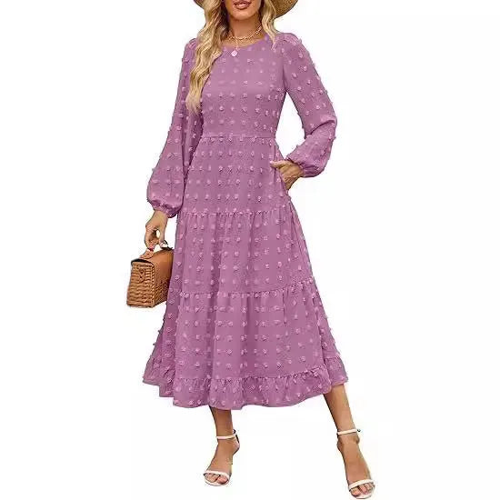 Women's long sleeve high waist casual dress with ruffled sleeves in a solid colour.