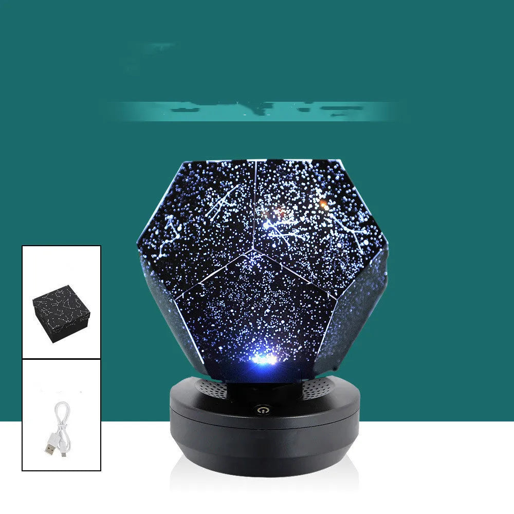LED star projector night light showing constellation projection on a bedroom ceiling with remote control.