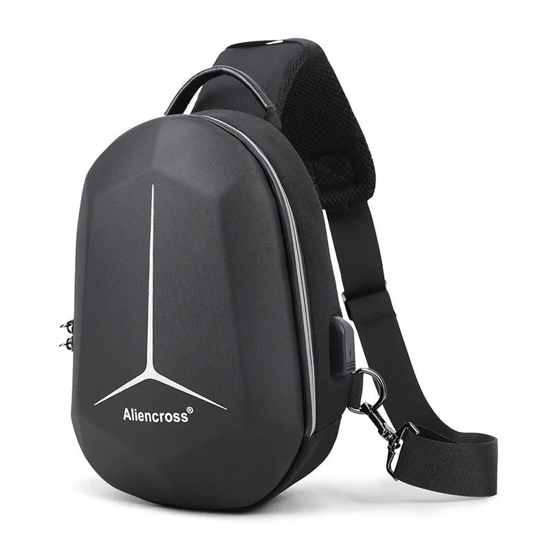 Waterproof Oxford cloth chest bag in black colour showing compact 20x10x30cm dimensions with chest strap