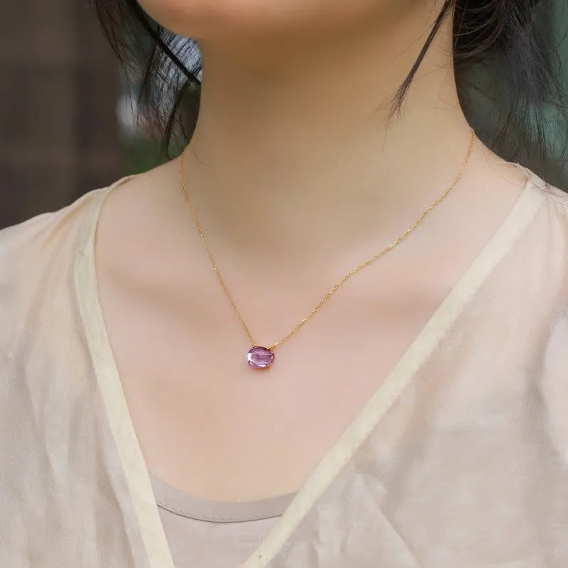 925 silver geometric necklace with pink amethyst electroplated finish