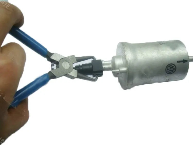 Iron and rubber caliper tubing pliers tool for automotive fuel line fittings in L and S sizes.