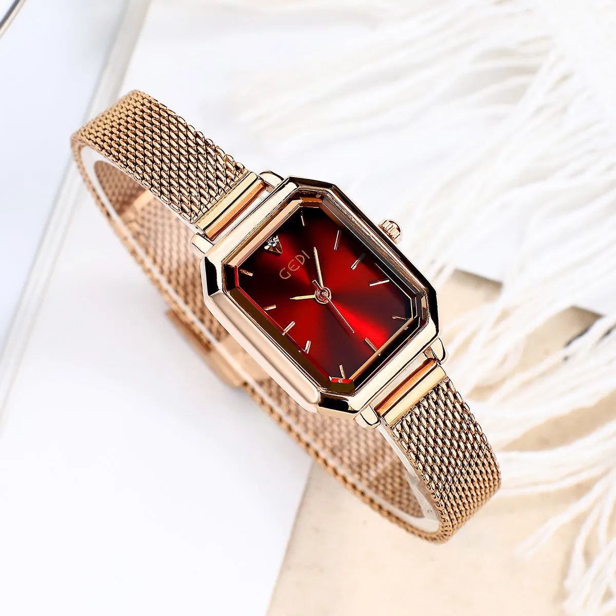 Square retro casual watch for women with rose gold case shown in multiple colour options