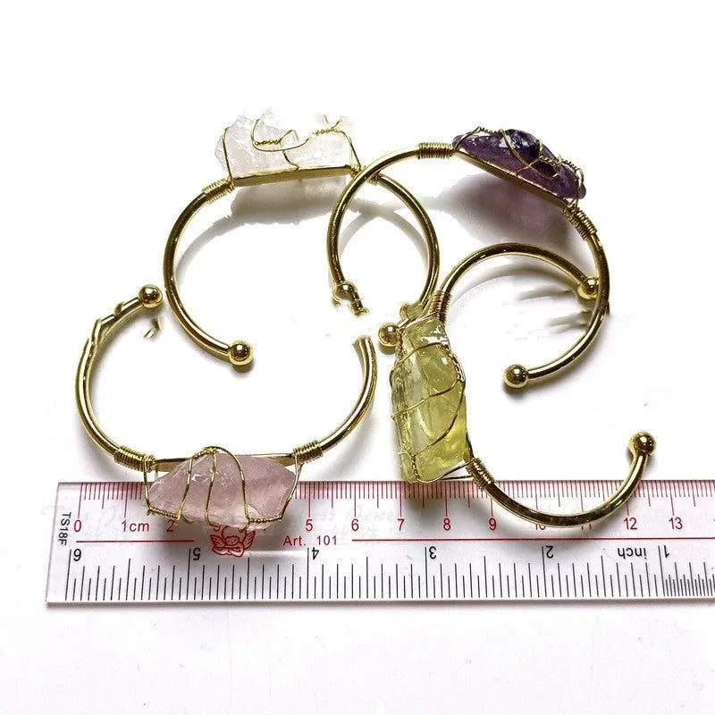 Unshaped natural crystal rough stone bracelet with gold winding geometric design and mixed colour stones