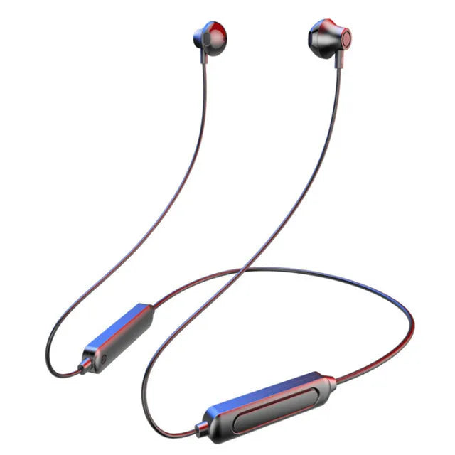 Black neck-mounted wireless sports earphones with Bluetooth connectivity for stereo audio