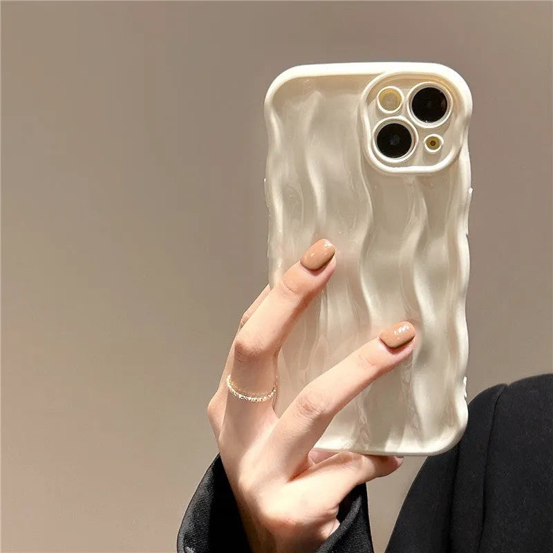 Silicone iPhone 17 case with water ripple texture in burgundy, green, silver, purple, and beige colour options