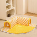 XL fan-shaped plush pet bed with integrated tunnel in coffee colour with plaid pattern