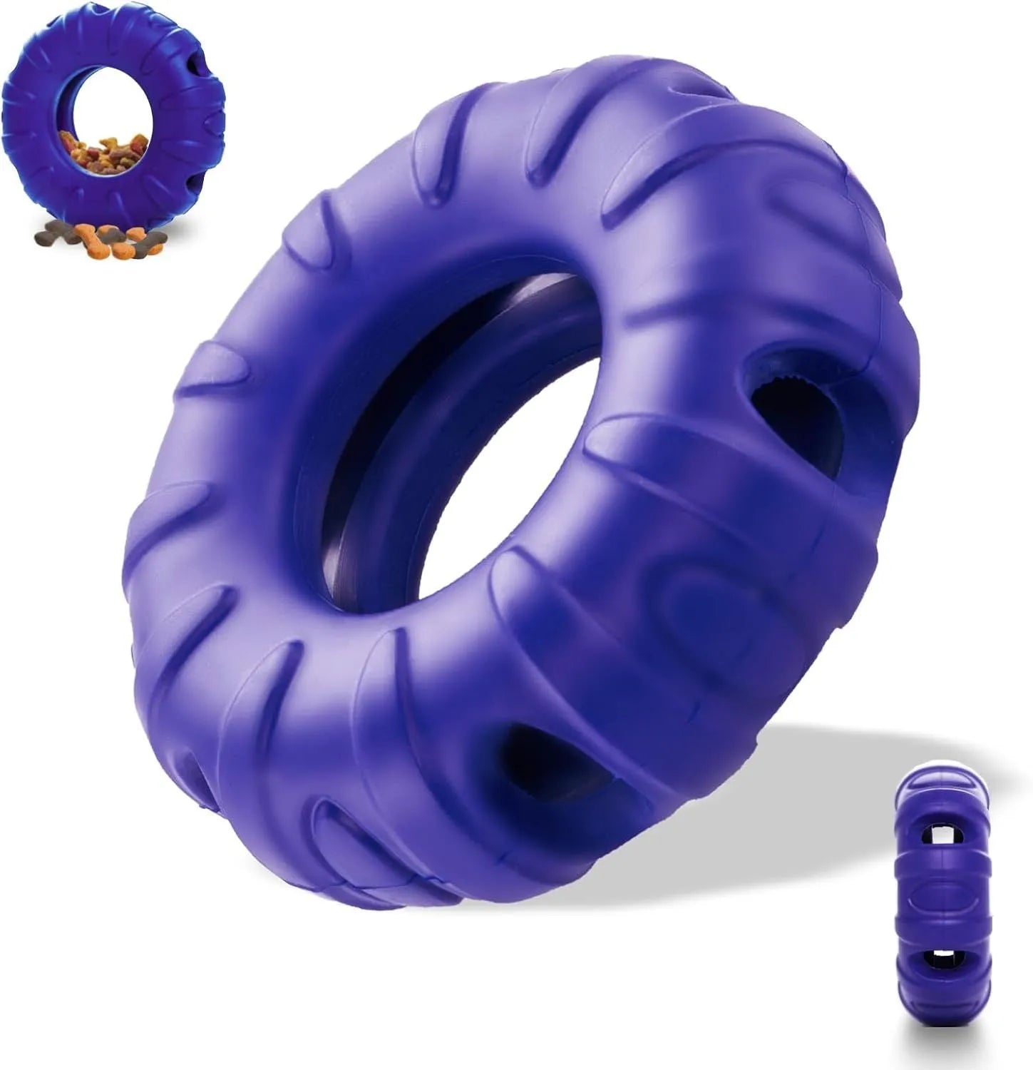 Blue, green, and red tyre-shaped dog chew toy with oval openings, a slow feeder and treat dispenser.