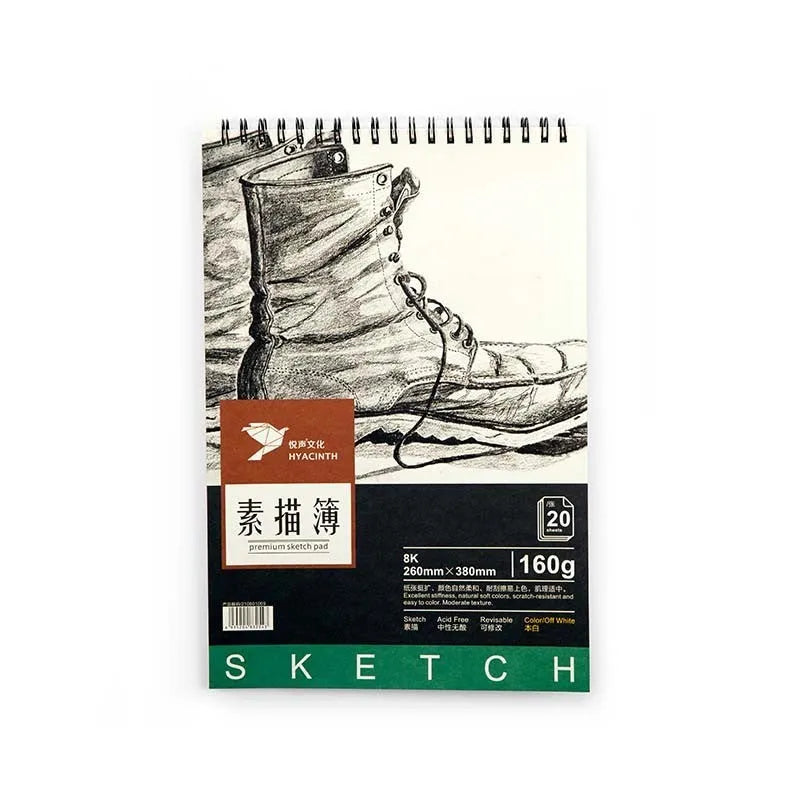 A4 artist sketch book showing coil bound, glue bound pad, and flip book binding options on a table with pencils.