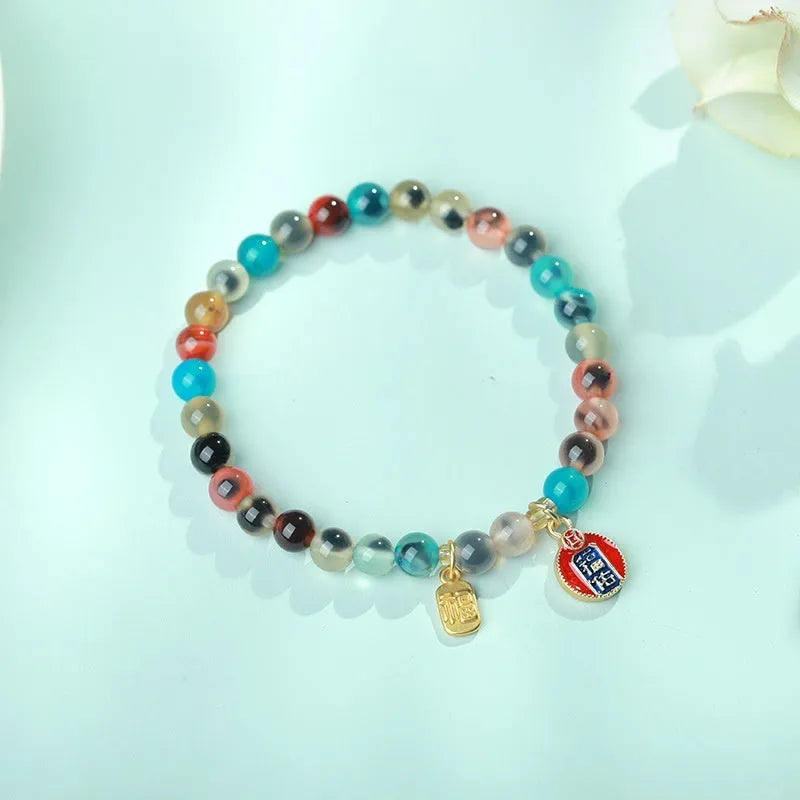 Natural colourful sugar heart agate and coloured glaze copper coin snake bracelet for women
