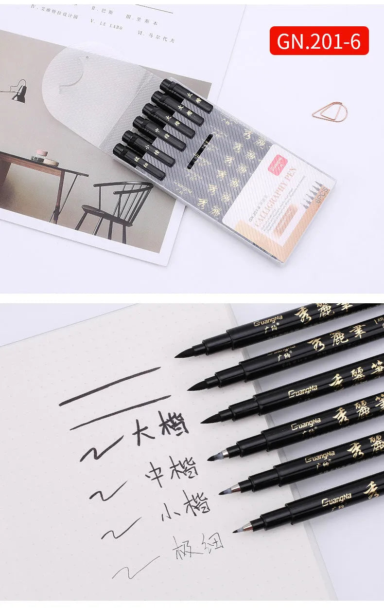 Six soft brush calligraphy pens in various nib sizes, plastic barrels, re-inkable design