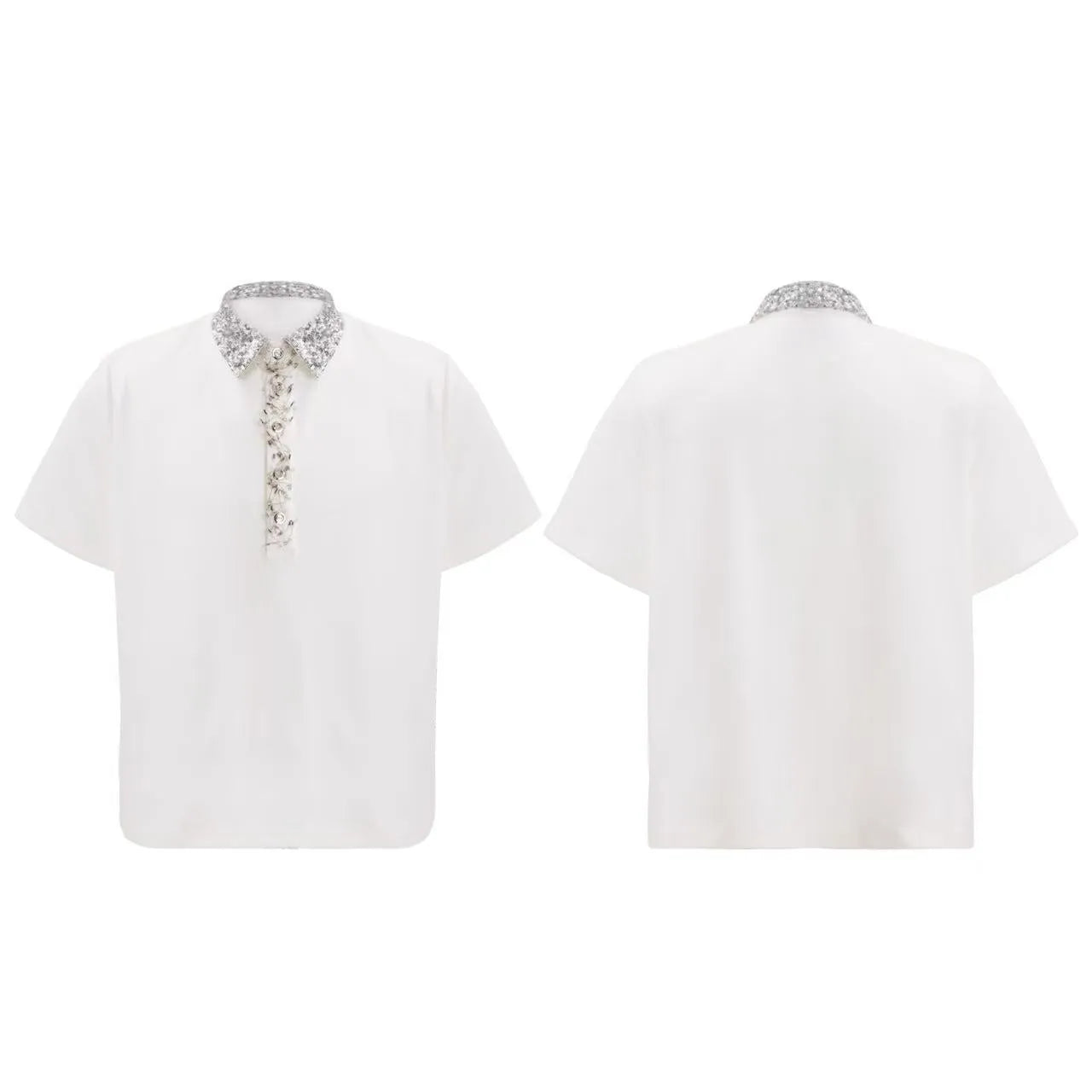 Men's loose fit polo t-shirt with a square collar in solid black, grey, or white.