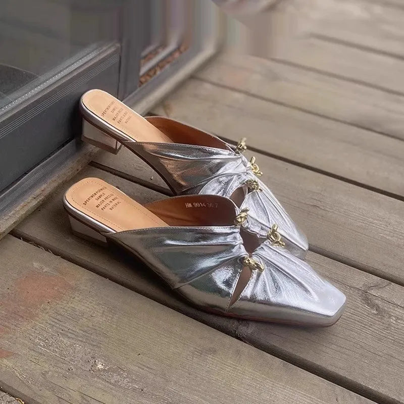 Women's leather half-toe slippers with square toe design in metallic colours