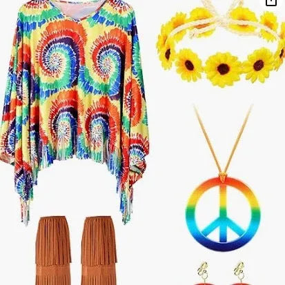 Tie dye cloak costume with rainbow printing and dramatic bell sleeves for Halloween parties