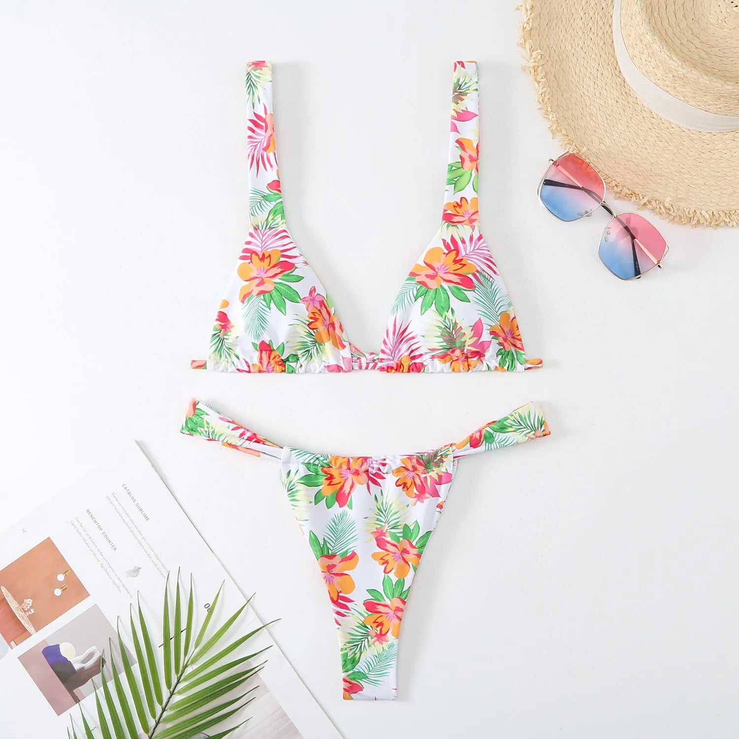 Women's floral print polyester bikini swimsuit in blue colour