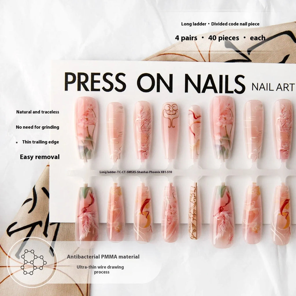 Nine tail fox ink painting long ladder glossy nail sticker set on hand showing retro affordable luxury style